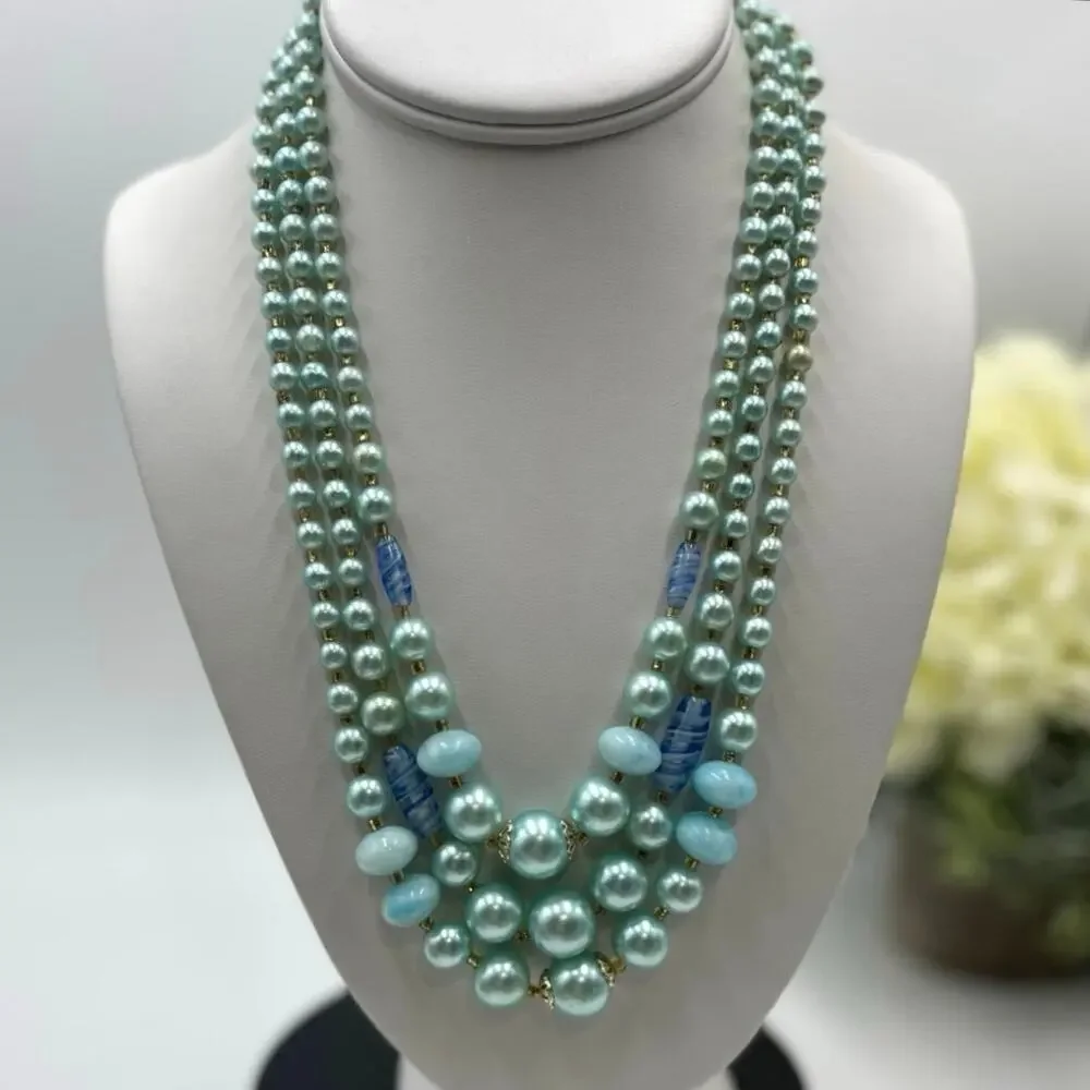 Japan Triple Strand‎ Teal Blue Beaded Necklace Graduated Beads Hook Closure